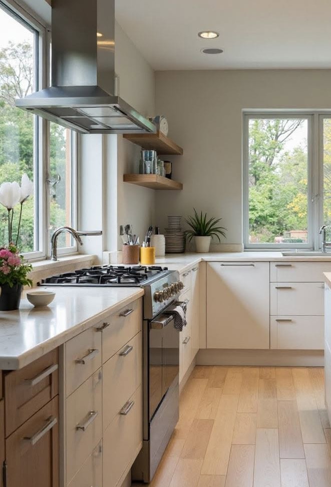 Modern white kitchen with SPC flooring