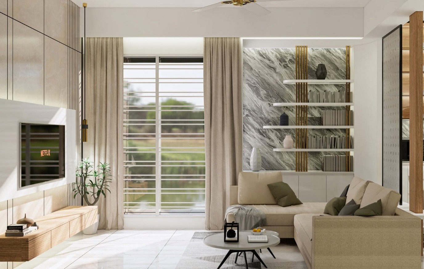 Living room with marble shelf and woodgrain MFC